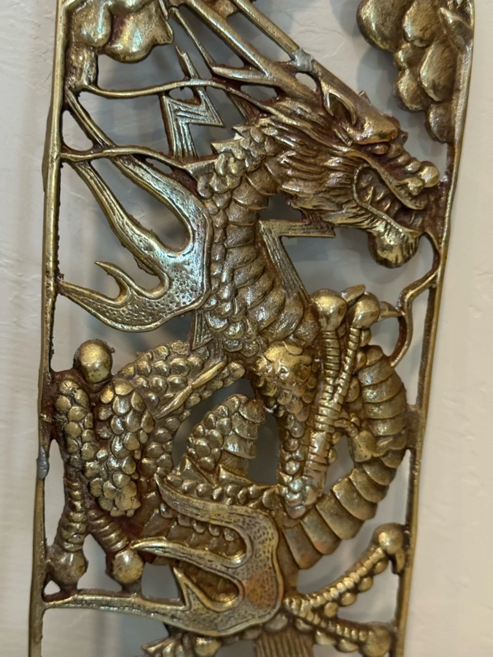 Vintage MCM Asian Brass Metal Dragon Yin-Yang Wall Hanging Plaque Gold Tone 13”H